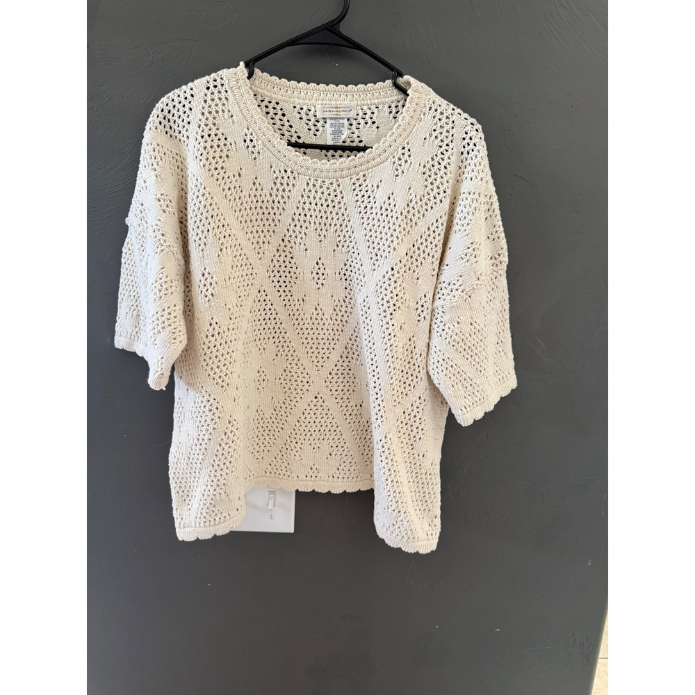 Yarnworks Vintage 90s Large Cream Cotton Open Knit Diamond Pointelle Sweater USA